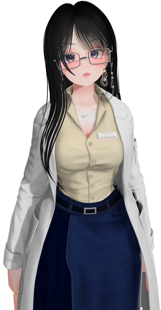 Inès, personnage fictif de pharmacienne, lunettes fines et blouse blanche sur gilet beige, devant le meuble de phytothérapie