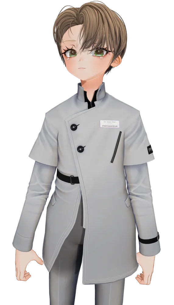 Sam, personnage fictif de préparateur, en tunique gris clair, au comptoir de l’officine