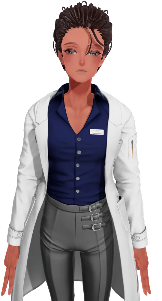 Thomas, personnage fictif de pharmacien titulaire, en blouse blanche sur chemise bleu nuit, badge La Juste Dose, devant la vue d’ensemble de l’officine
