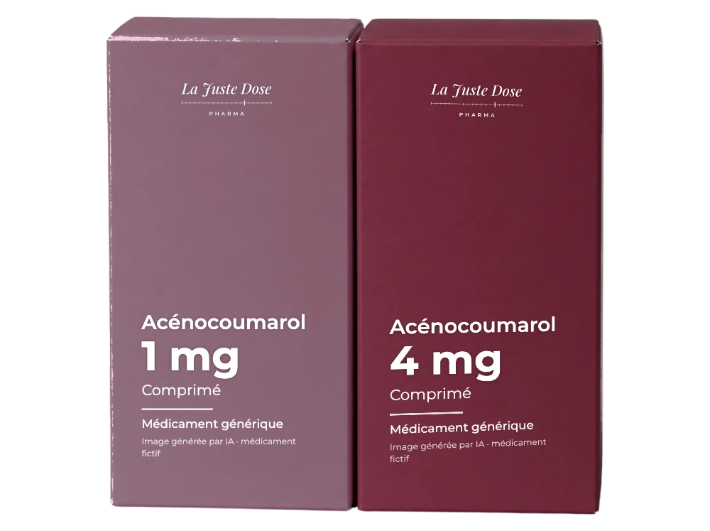 Boîte illustrative de Acénocoumarol, médicament générique fictif aux couleurs de La Juste Dose. Image générée par IA.