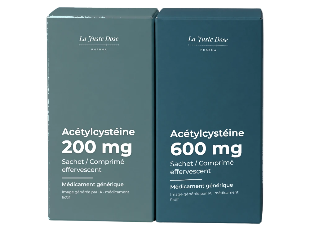 Boîte illustrative de Acétylcystéine, médicament générique fictif aux couleurs de La Juste Dose. Image générée par IA.