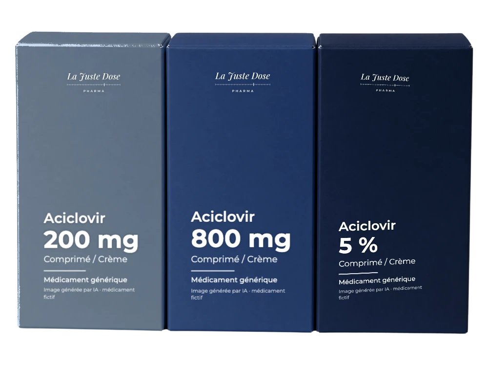 Boîte illustrative de Aciclovir, médicament générique fictif aux couleurs de La Juste Dose. Image générée par IA.