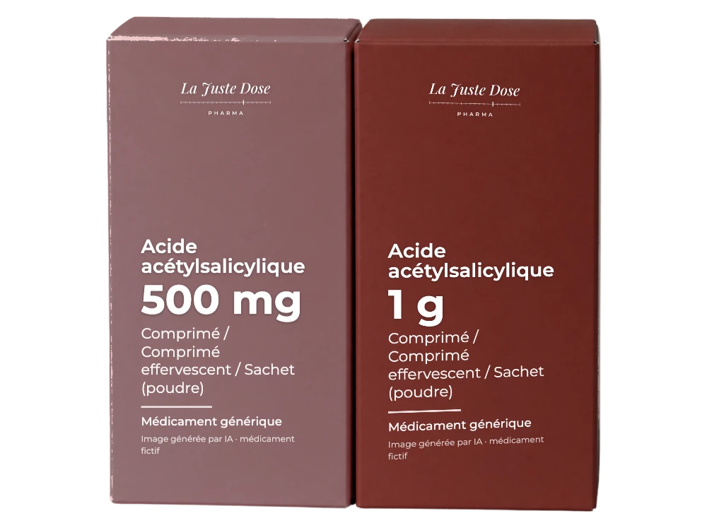 Boîte illustrative de Acide acétylsalicylique, médicament générique fictif aux couleurs de La Juste Dose. Image générée par IA.