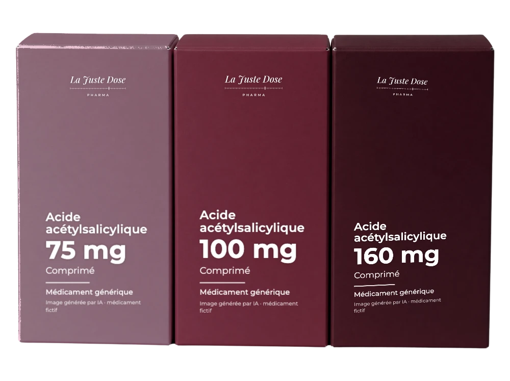 Boîte illustrative de Acide acétylsalicylique, médicament générique fictif aux couleurs de La Juste Dose. Image générée par IA.