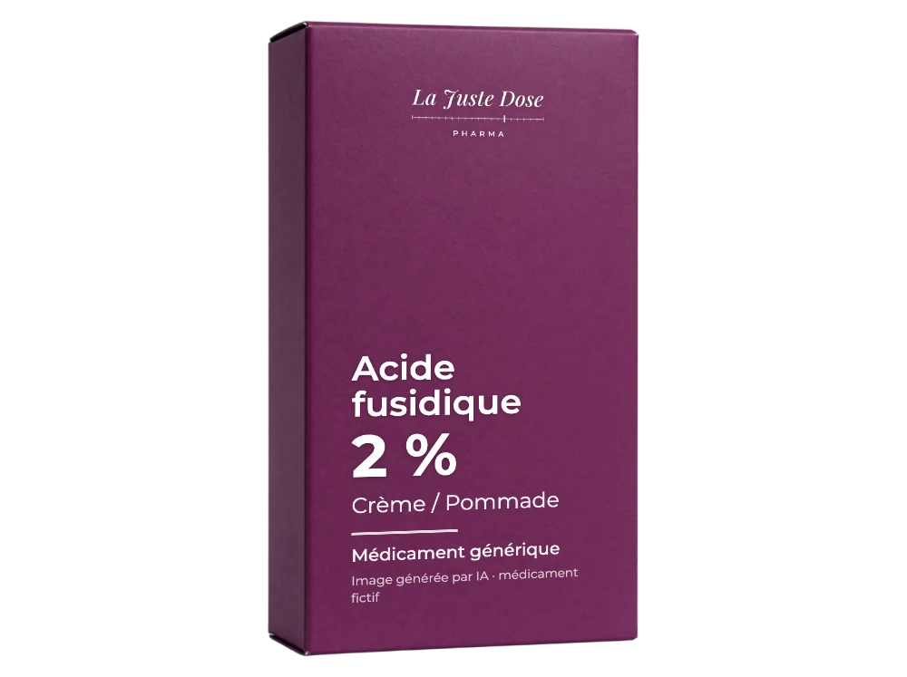Boîte illustrative de Acide fusidique, médicament générique fictif aux couleurs de La Juste Dose. Image générée par IA.