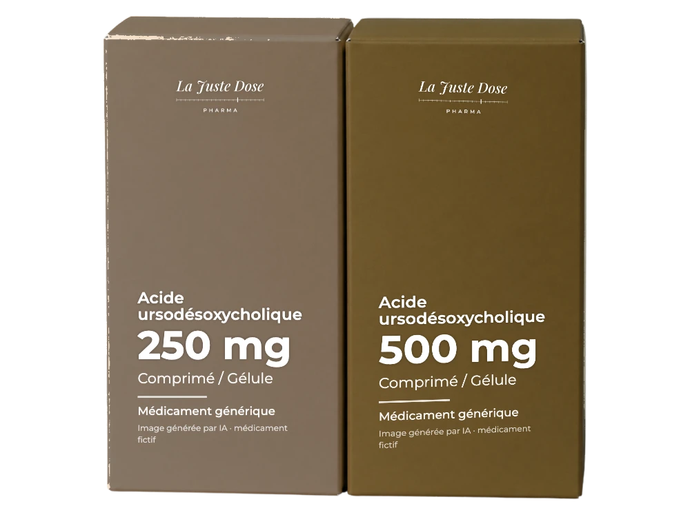 Boîte illustrative de Acide ursodésoxycholique, médicament générique fictif aux couleurs de La Juste Dose. Image générée par IA.