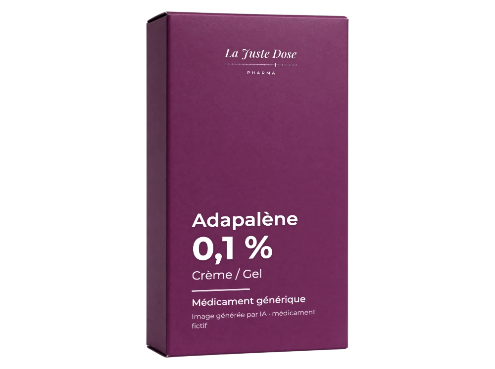 Boîte illustrative de Adapalène, médicament générique fictif aux couleurs de La Juste Dose. Image générée par IA.