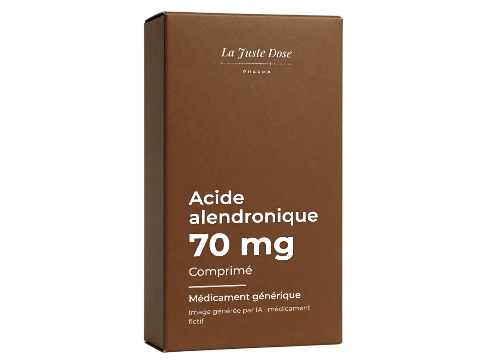 Boîte illustrative de Acide alendronique, médicament générique fictif aux couleurs de La Juste Dose. Image générée par IA.