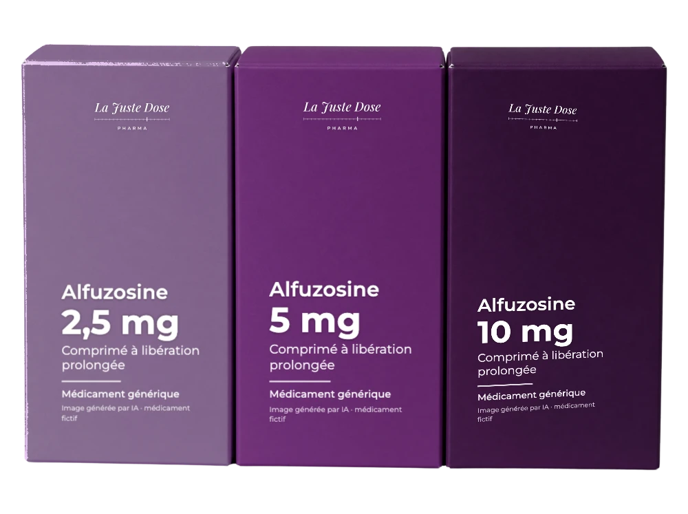 Boîte illustrative de Alfuzosine, médicament générique fictif aux couleurs de La Juste Dose. Image générée par IA.