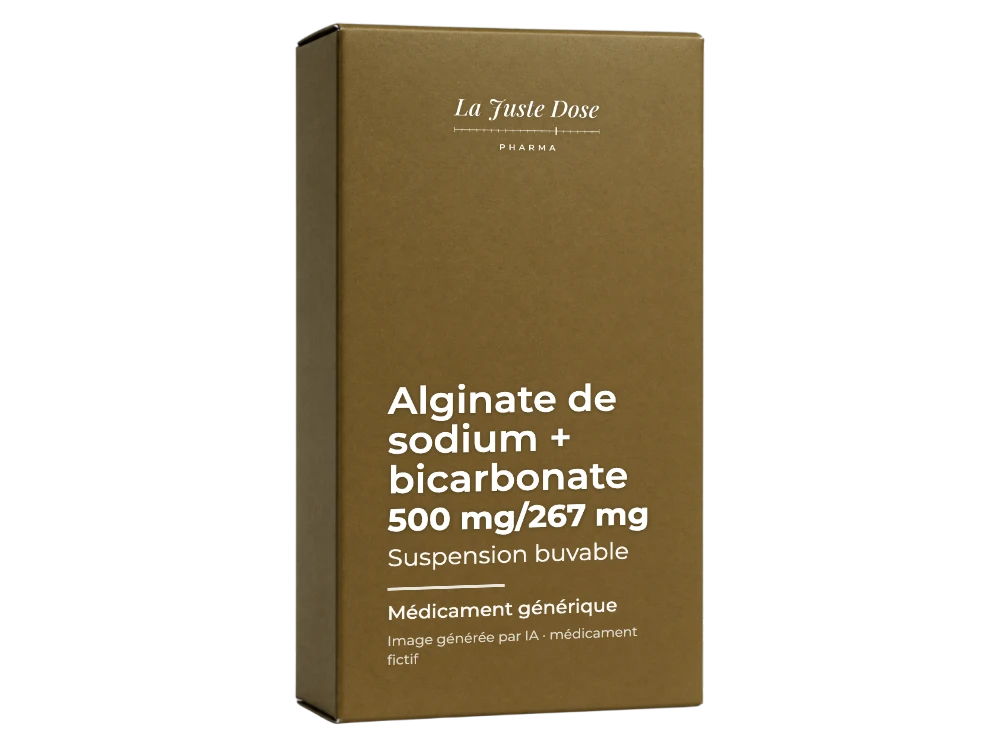 Boîte illustrative de Alginate de sodium + bicarbonate, médicament générique fictif aux couleurs de La Juste Dose. Image générée par IA.