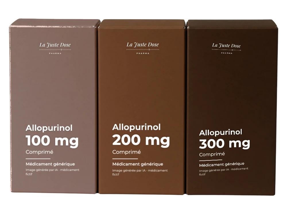 Boîte illustrative de Allopurinol, médicament générique fictif aux couleurs de La Juste Dose. Image générée par IA.