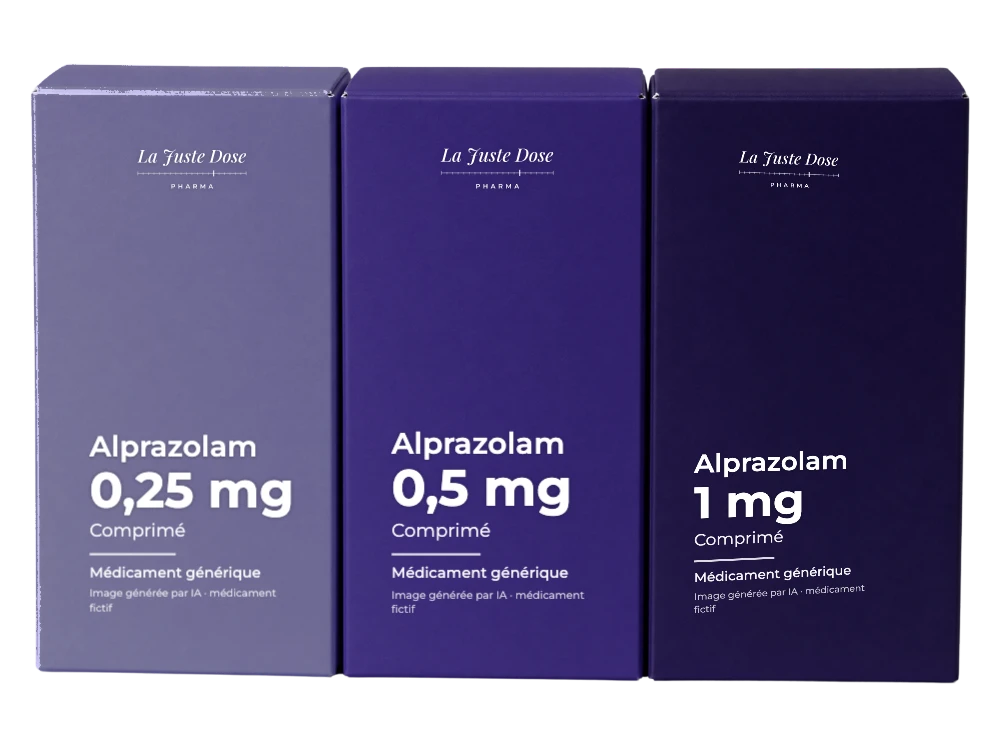 Boîte illustrative de Alprazolam, médicament générique fictif aux couleurs de La Juste Dose. Image générée par IA.