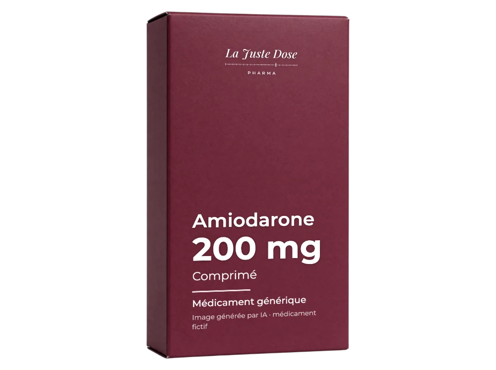Boîte illustrative de Amiodarone, médicament générique fictif aux couleurs de La Juste Dose. Image générée par IA.