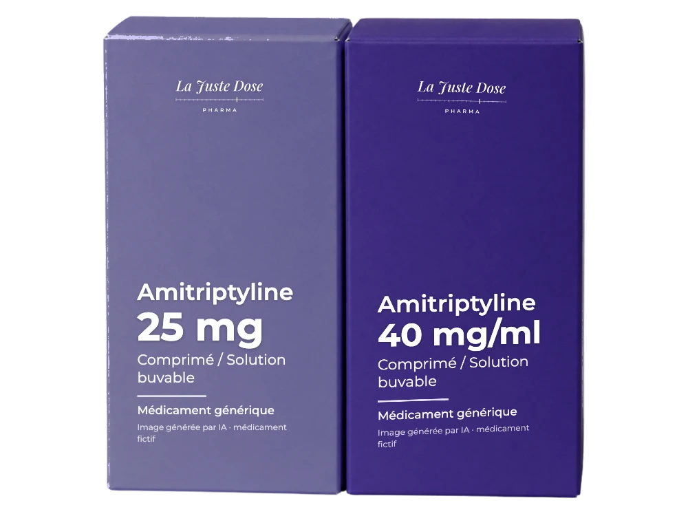 Boîte illustrative de Amitriptyline, médicament générique fictif aux couleurs de La Juste Dose. Image générée par IA.