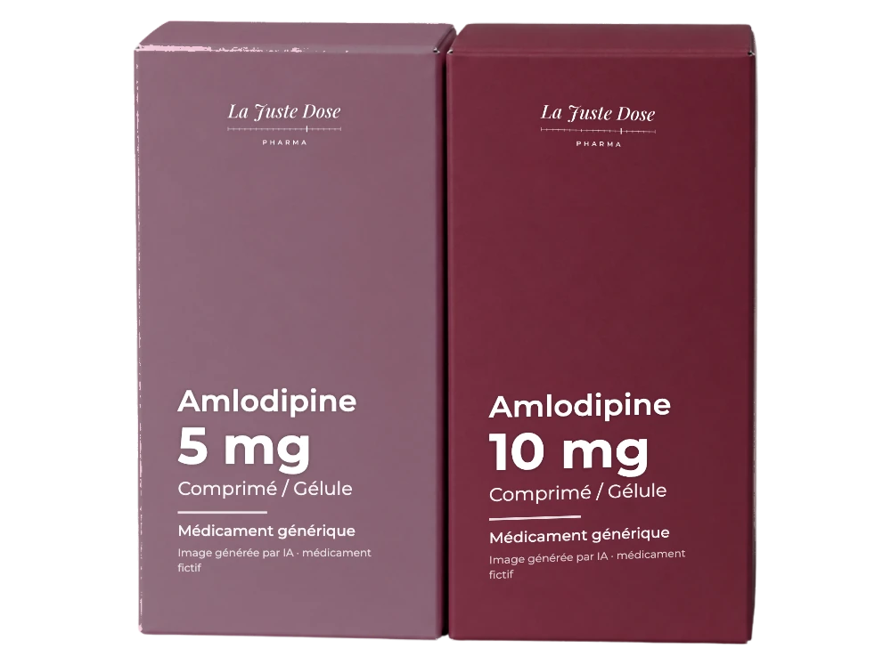 Boîte illustrative de Amlodipine, médicament générique fictif aux couleurs de La Juste Dose. Image générée par IA.