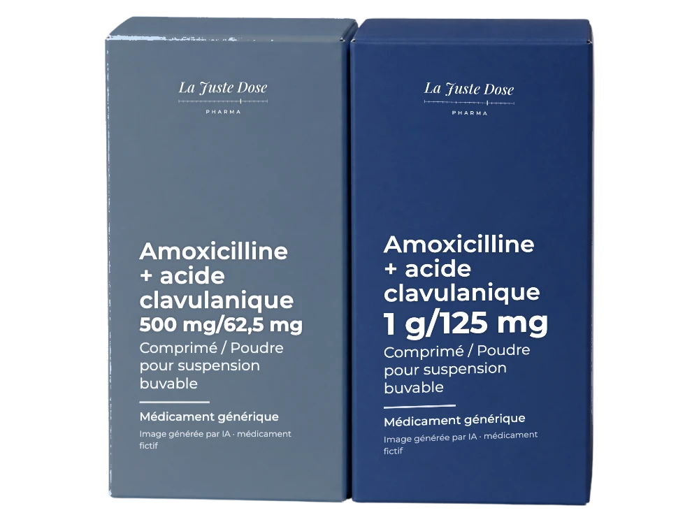 Boîte illustrative de Amoxicilline + acide clavulanique, médicament générique fictif aux couleurs de La Juste Dose. Image générée par IA.