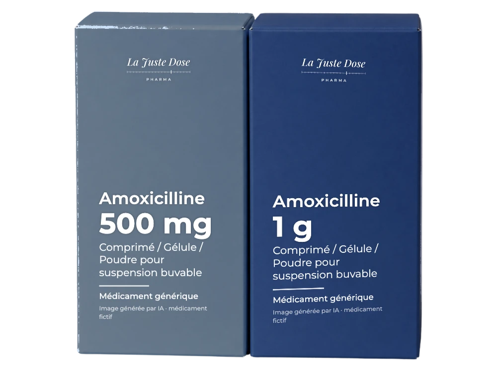 Boîte illustrative de Amoxicilline, médicament générique fictif aux couleurs de La Juste Dose. Image générée par IA.