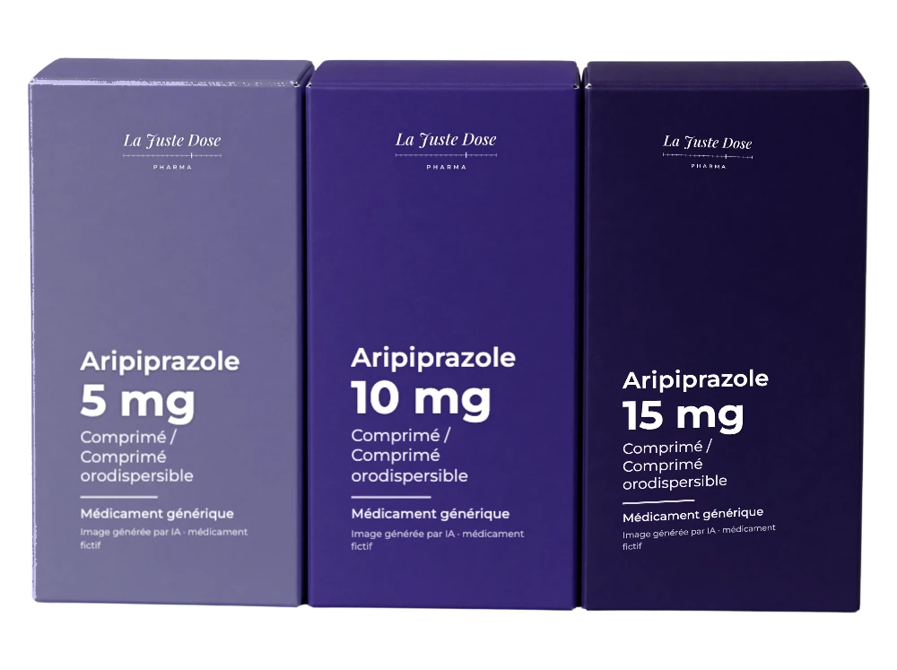 Boîte illustrative de Aripiprazole, médicament générique fictif aux couleurs de La Juste Dose. Image générée par IA.