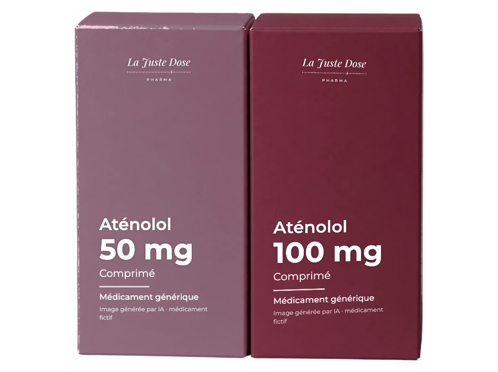 Boîte illustrative de Aténolol, médicament générique fictif aux couleurs de La Juste Dose. Image générée par IA.