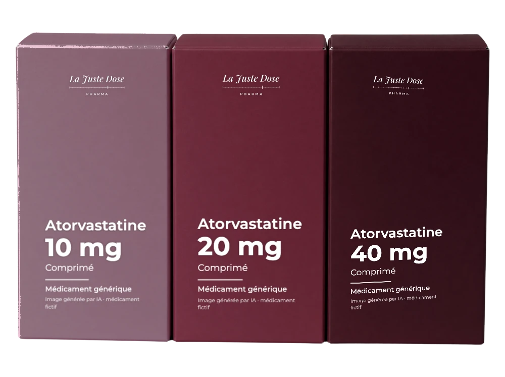 Boîte illustrative de Atorvastatine, médicament générique fictif aux couleurs de La Juste Dose. Image générée par IA.