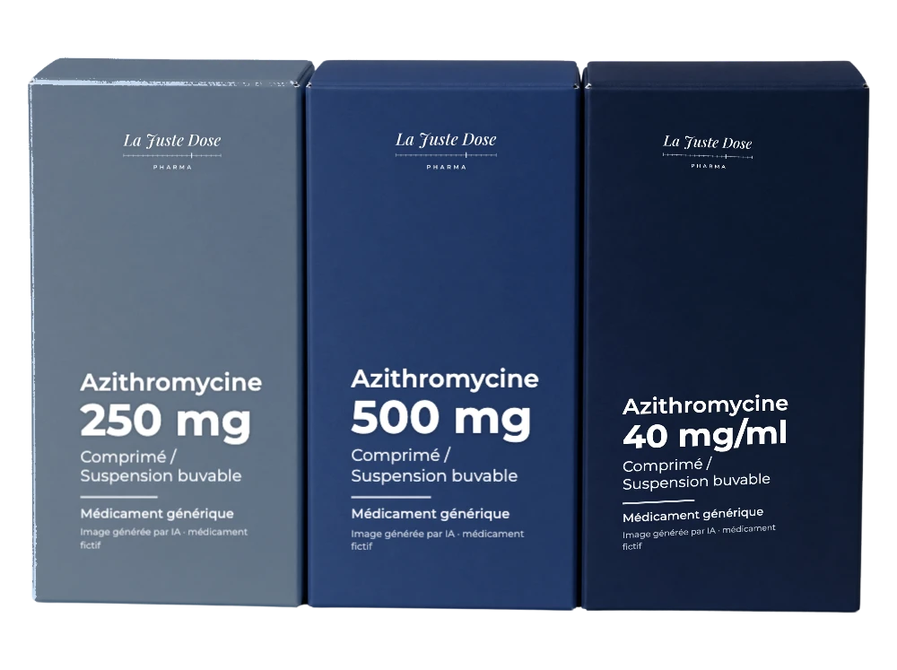 Boîte illustrative de Azithromycine, médicament générique fictif aux couleurs de La Juste Dose. Image générée par IA.