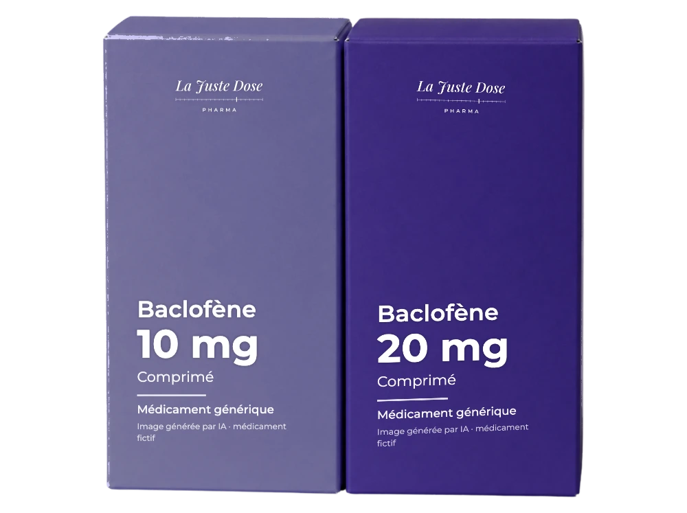 Boîte illustrative de Baclofène, médicament générique fictif aux couleurs de La Juste Dose. Image générée par IA.
