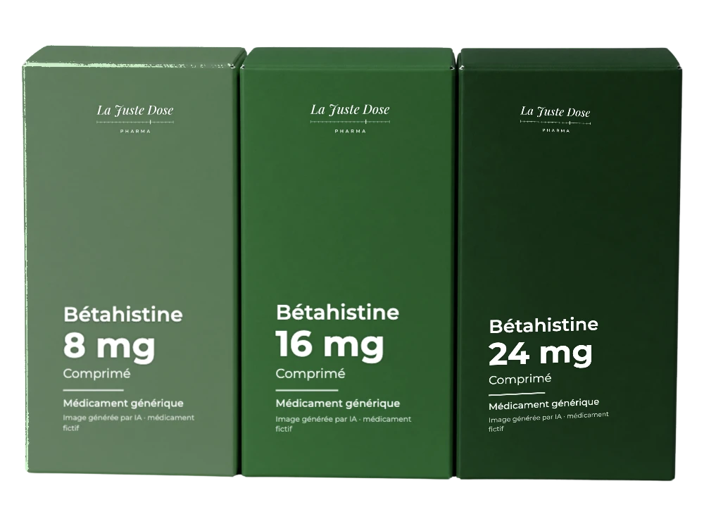 Boîte illustrative de Bétahistine, médicament générique fictif aux couleurs de La Juste Dose. Image générée par IA.