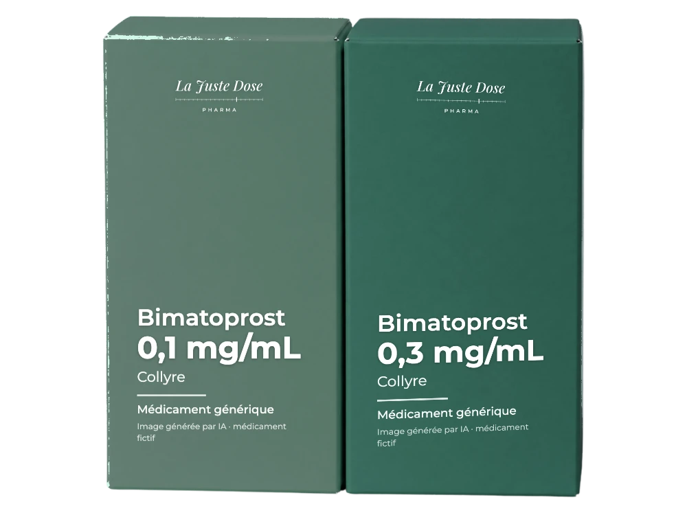 Boîte illustrative de Bimatoprost, médicament générique fictif aux couleurs de La Juste Dose. Image générée par IA.
