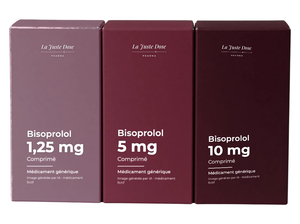 Boîte illustrative de Bisoprolol, médicament générique fictif aux couleurs de La Juste Dose. Image générée par IA.