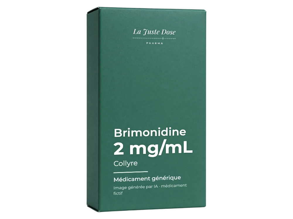 Boîte illustrative de Brimonidine, médicament générique fictif aux couleurs de La Juste Dose. Image générée par IA.