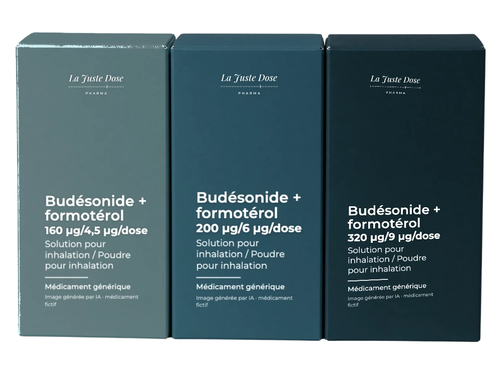 Boîte illustrative de Budésonide + formotérol, médicament générique fictif aux couleurs de La Juste Dose. Image générée par IA.