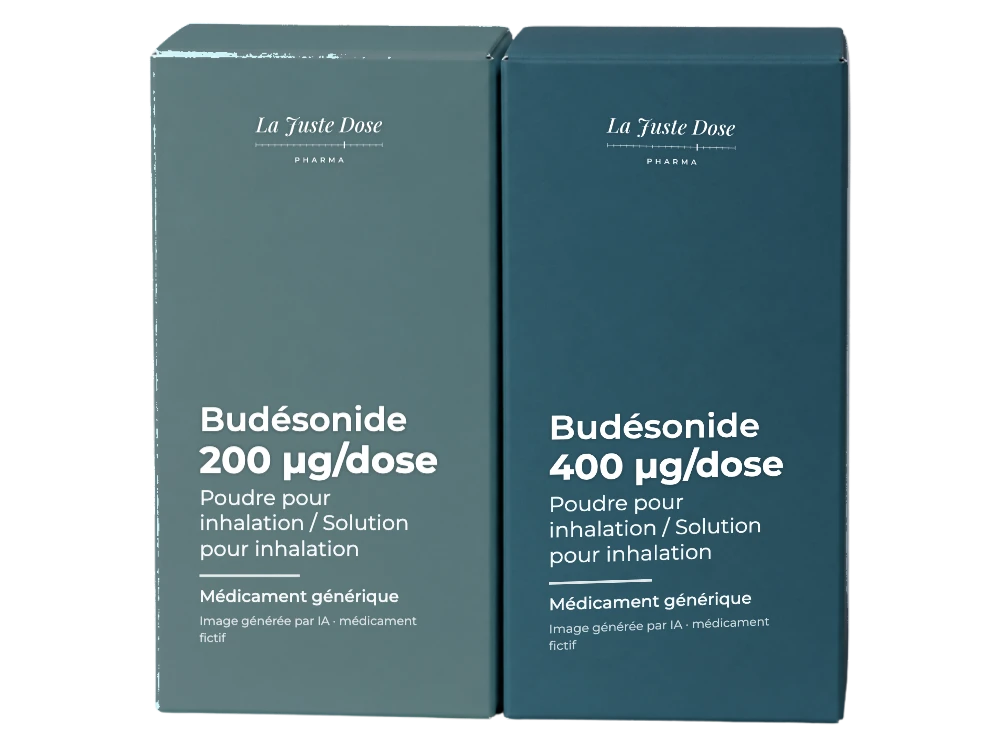 Boîte illustrative de Budésonide, médicament générique fictif aux couleurs de La Juste Dose. Image générée par IA.