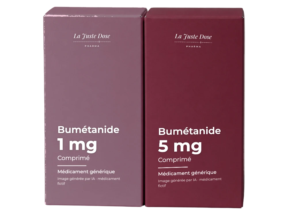 Boîte illustrative de Bumétanide, médicament générique fictif aux couleurs de La Juste Dose. Image générée par IA.