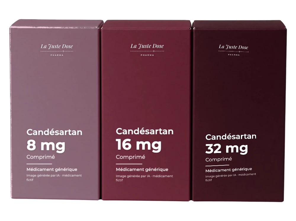 Boîte illustrative de Candésartan, médicament générique fictif aux couleurs de La Juste Dose. Image générée par IA.