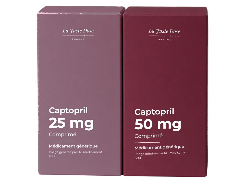 Boîte illustrative de Captopril, médicament générique fictif aux couleurs de La Juste Dose. Image générée par IA.