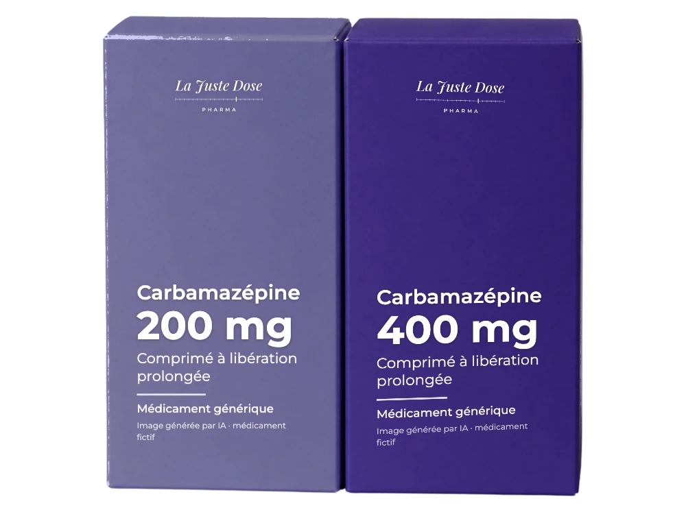 Boîte illustrative de Carbamazépine, médicament générique fictif aux couleurs de La Juste Dose. Image générée par IA.