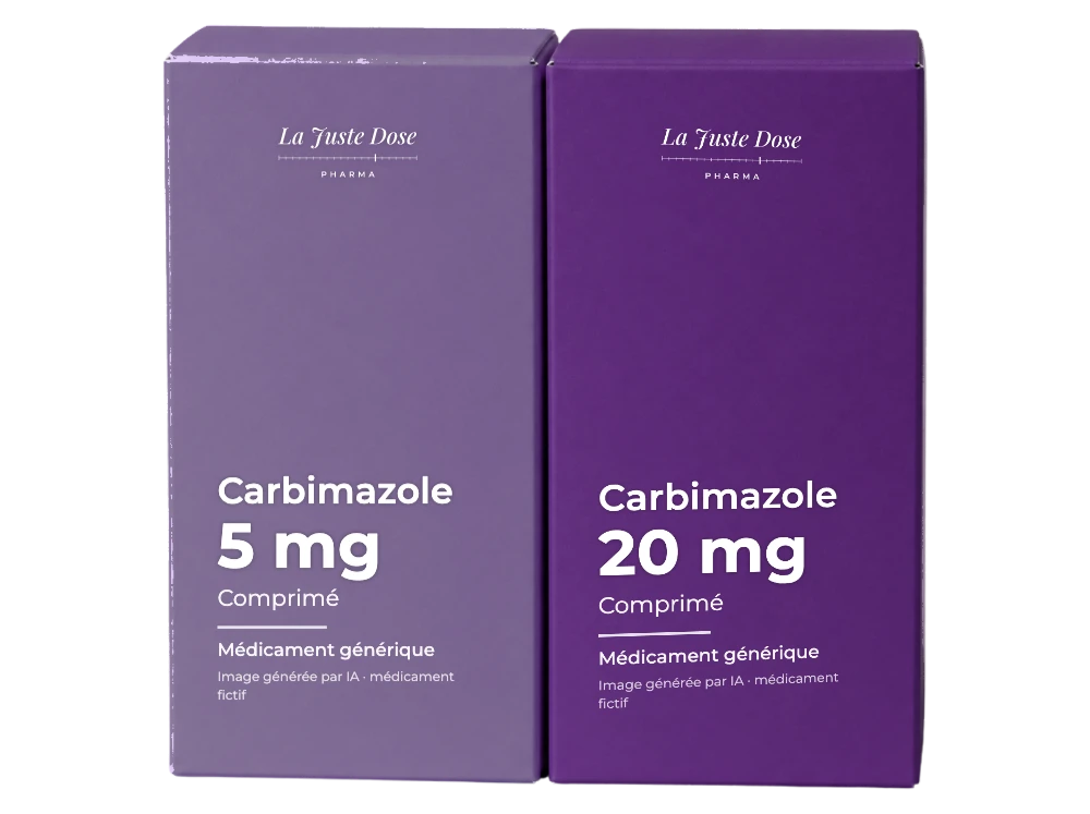 Boîte illustrative de Carbimazole, médicament générique fictif aux couleurs de La Juste Dose. Image générée par IA.