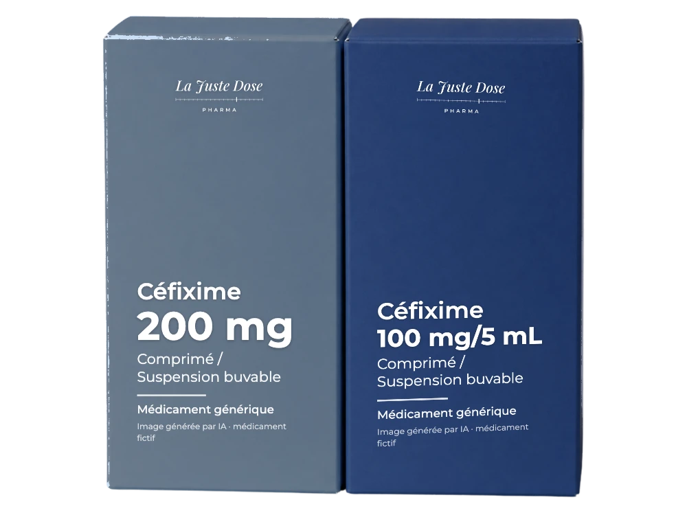 Boîte illustrative de Céfixime, médicament générique fictif aux couleurs de La Juste Dose. Image générée par IA.