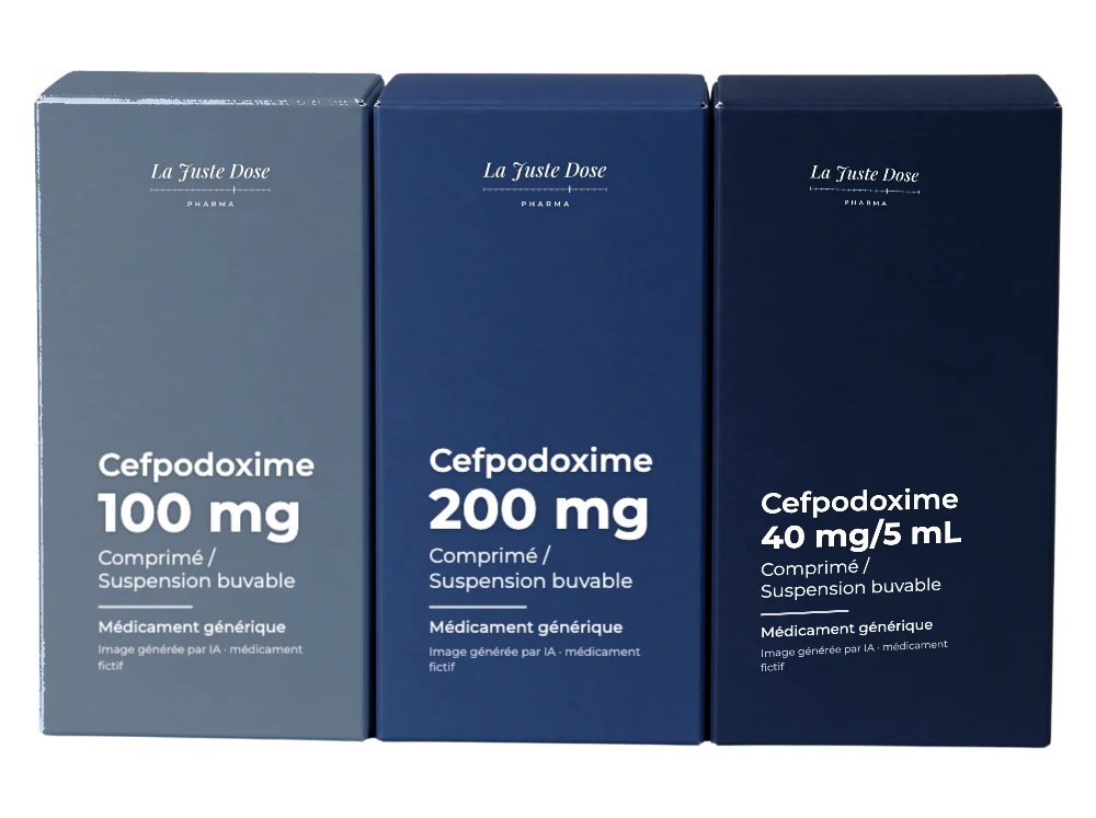 Boîte illustrative de Cefpodoxime, médicament générique fictif aux couleurs de La Juste Dose. Image générée par IA.