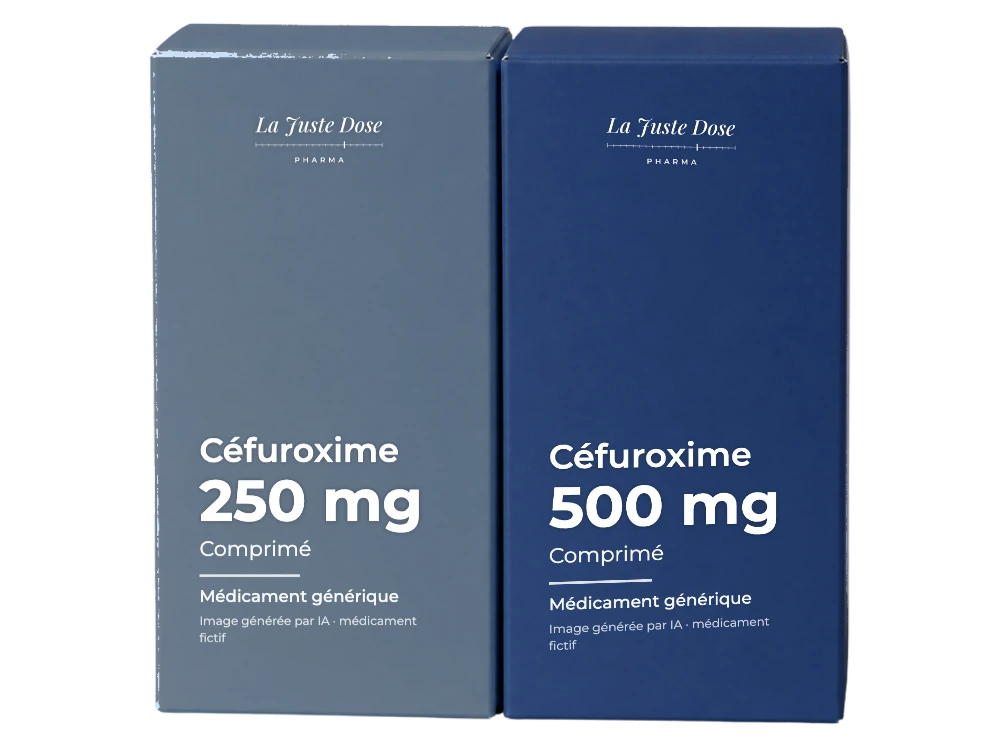 Boîte illustrative de Céfuroxime, médicament générique fictif aux couleurs de La Juste Dose. Image générée par IA.