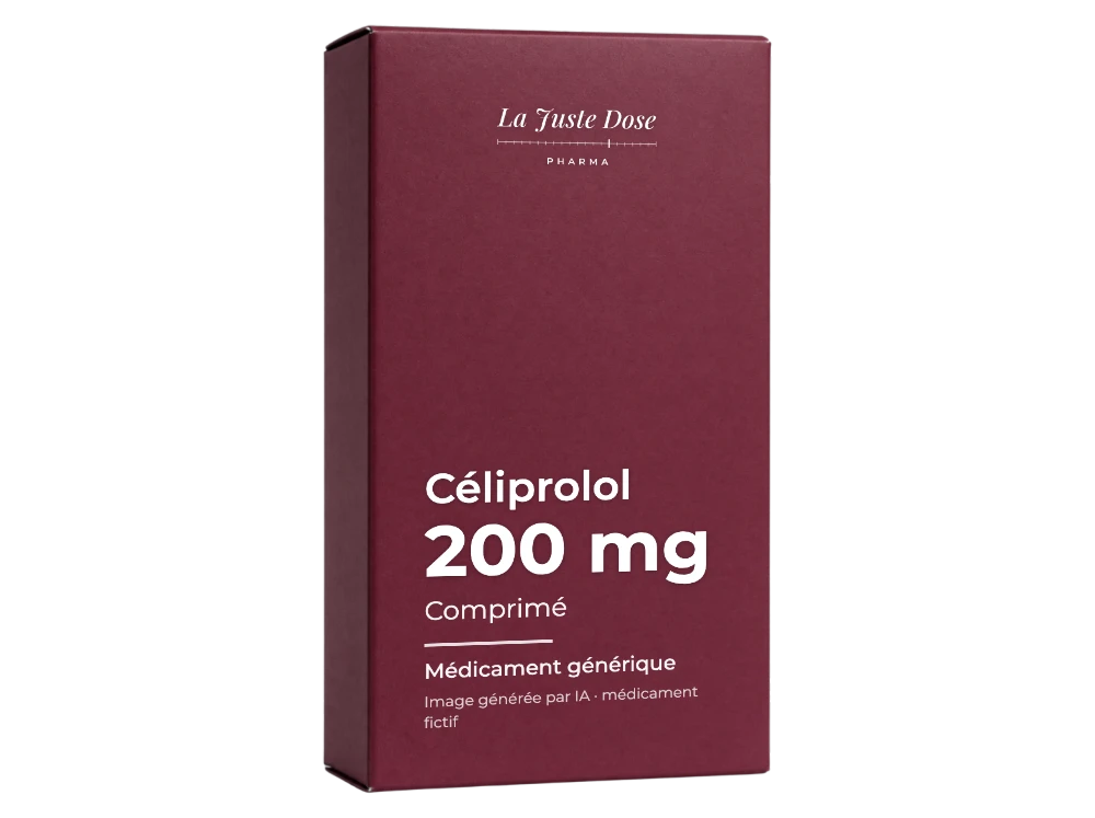 Boîte illustrative de Céliprolol, médicament générique fictif aux couleurs de La Juste Dose. Image générée par IA.