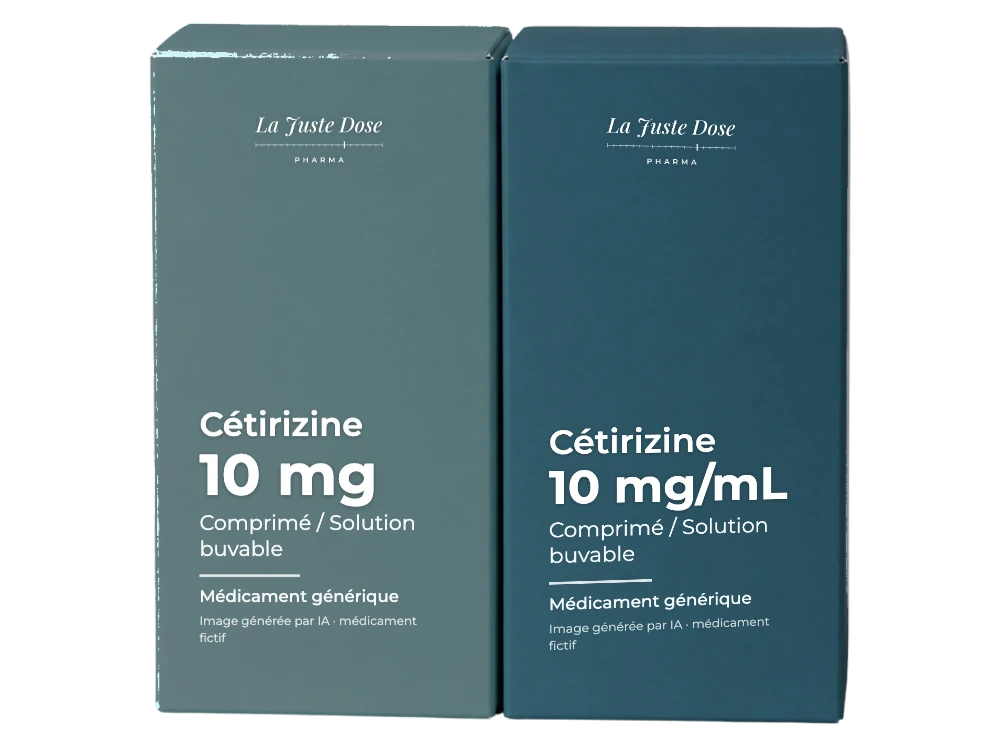 Boîte illustrative de Cétirizine, médicament générique fictif aux couleurs de La Juste Dose. Image générée par IA.