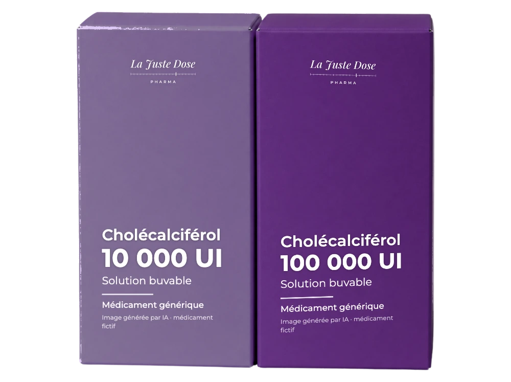 Boîte illustrative de Cholécalciférol, médicament générique fictif aux couleurs de La Juste Dose. Image générée par IA.