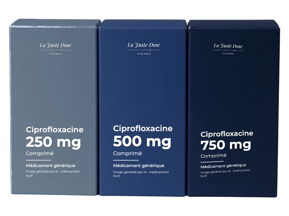 Boîte illustrative de Ciprofloxacine, médicament générique fictif aux couleurs de La Juste Dose. Image générée par IA.