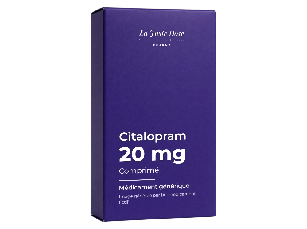 Boîte illustrative de Citalopram, médicament générique fictif aux couleurs de La Juste Dose. Image générée par IA.