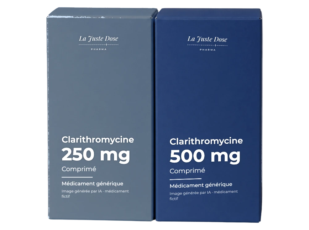 Boîte illustrative de Clarithromycine, médicament générique fictif aux couleurs de La Juste Dose. Image générée par IA.