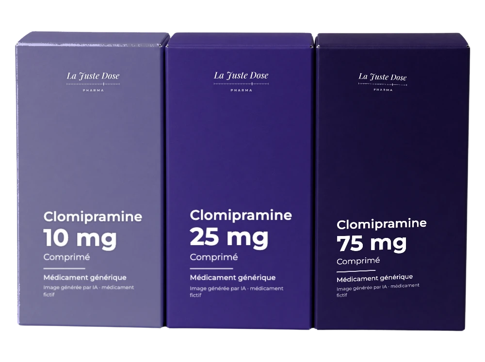 Boîte illustrative de Clomipramine, médicament générique fictif aux couleurs de La Juste Dose. Image générée par IA.
