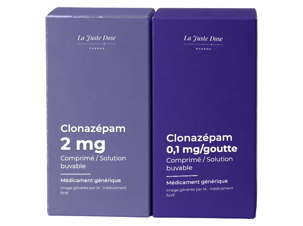 Boîte illustrative de Clonazépam, médicament générique fictif aux couleurs de La Juste Dose. Image générée par IA.