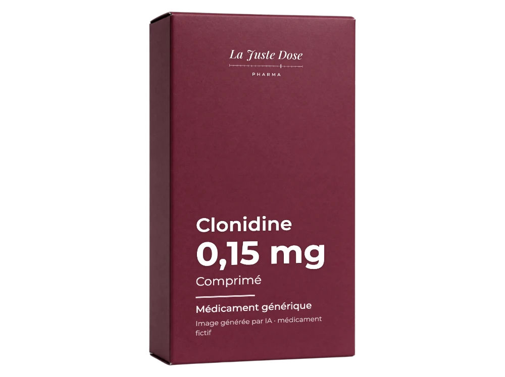 Boîte illustrative de Clonidine, médicament générique fictif aux couleurs de La Juste Dose. Image générée par IA.
