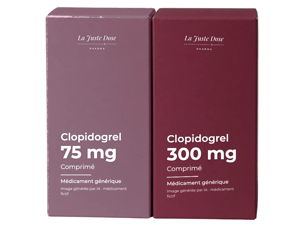 Boîte illustrative de Clopidogrel, médicament générique fictif aux couleurs de La Juste Dose. Image générée par IA.